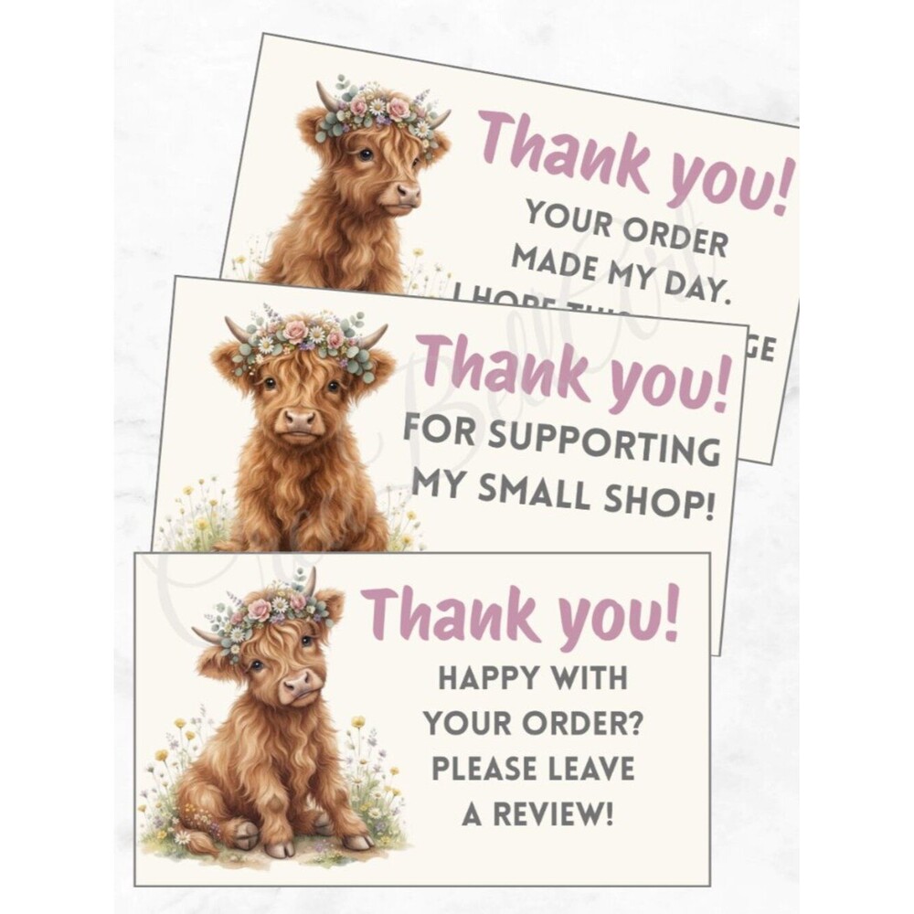 120 Highland Cow Thank You Cards | Business Card Size